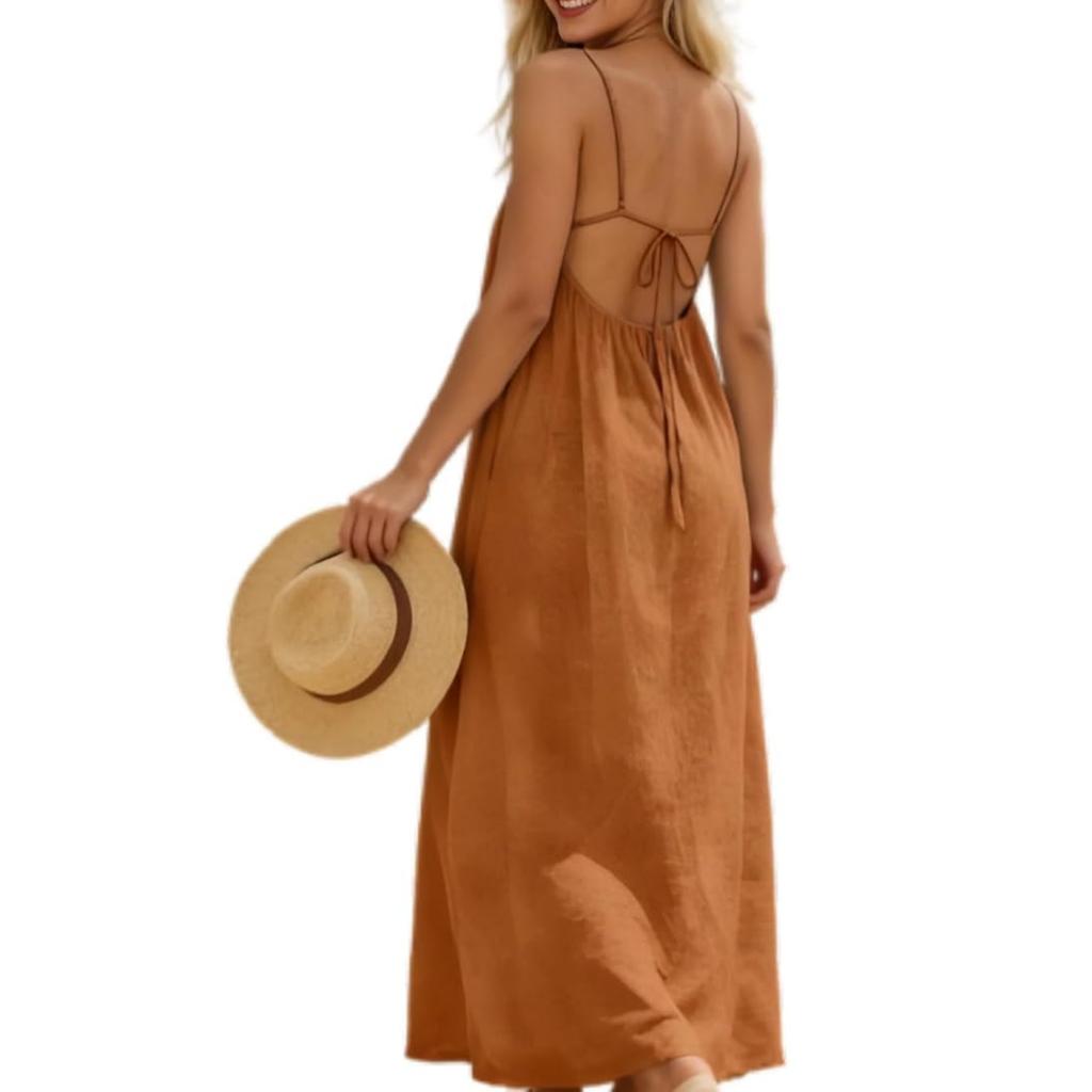 Zomerjurk voor dames Backless Spaghetti Bandjes Los Vallend Lang Cami Jurken Casual Los Vakantiefeest Strand Maxi Zomerjurk