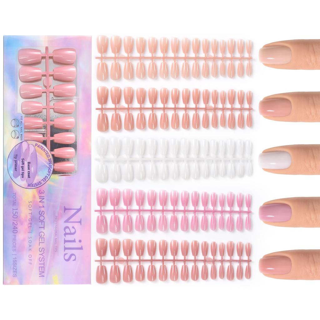 150pcs 3-IN-1 Press On Nails Nude Color Wearable Fake Nail Tips Full Cover Artificial Fingernails Almond Ballet Nail Extensions