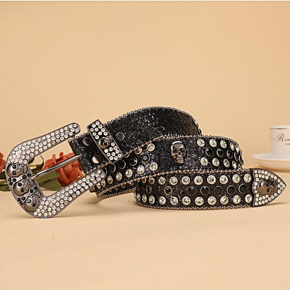 Skull Buckle Rhinestone Studded Belt Trendy Waistband  Jeans Short Skirt Women Men Accessories