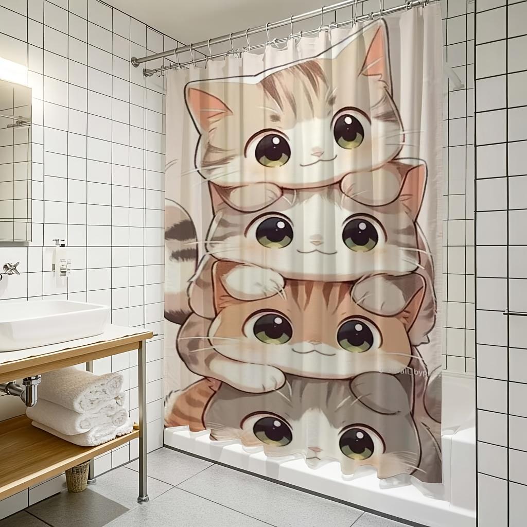 One-Piece Shower Curtain - Digitally Printed Art Pattern, Four Cute Cats Stacked, Polyester Fabric, With Hooks