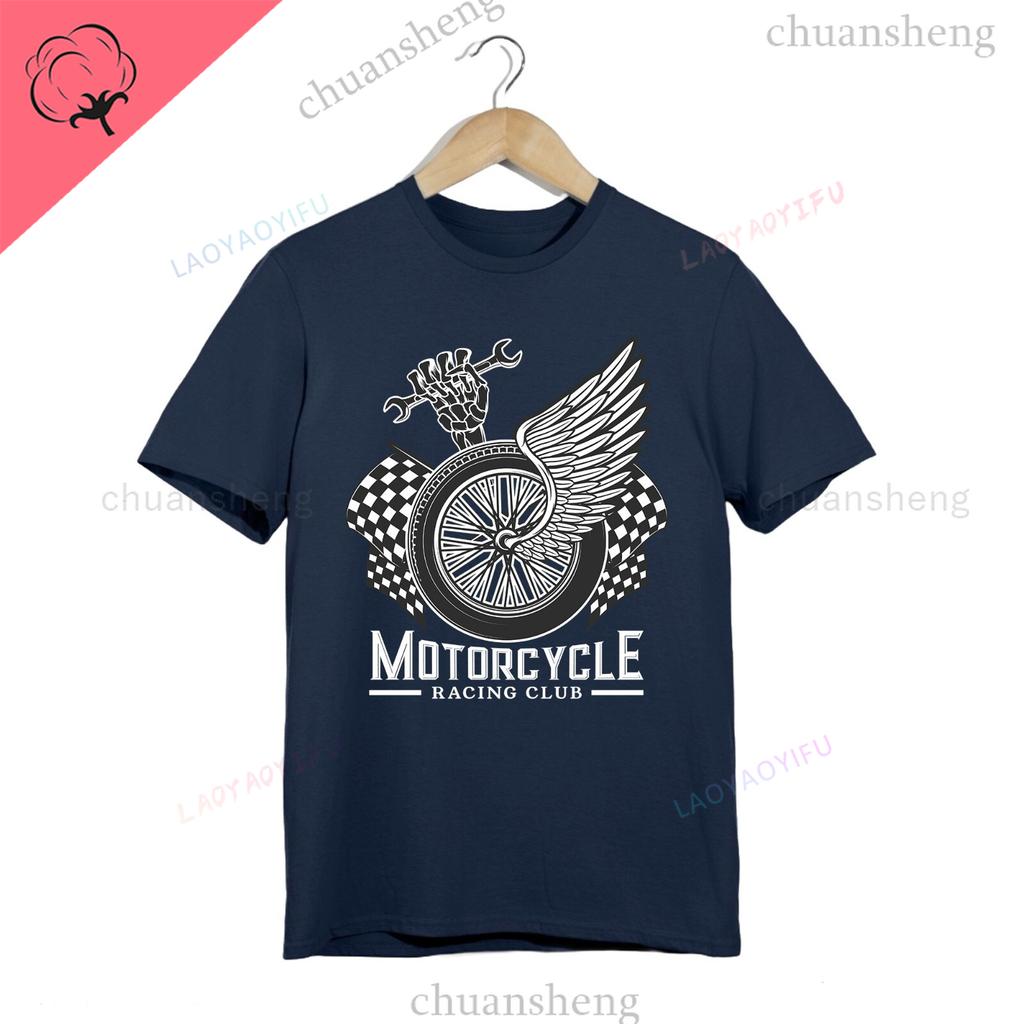 Camiseta Motorcycle Racing Club T-Shirt Winged Wheel Skeleton Wrench Tee Biker Garage Top Camisa Cotton Unisex Shirts