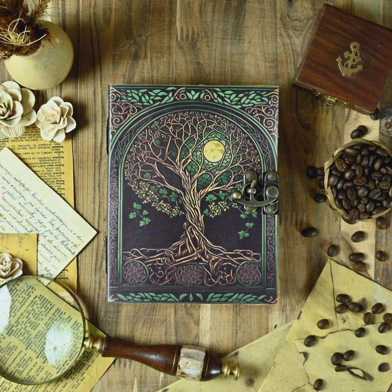 Tree of Life Grimoire Leather Journal for Women and Men Spell Notebook, book of shadows Handmade Deckle Edge Paper Diary With Lock