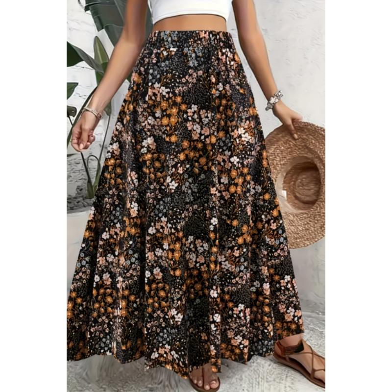 Bedruckter Design Rot & Weiß Kleiner Blumenprint Ganzjahres Damen Maxirock, Boho Elastischer Bund Fließender Halbrock