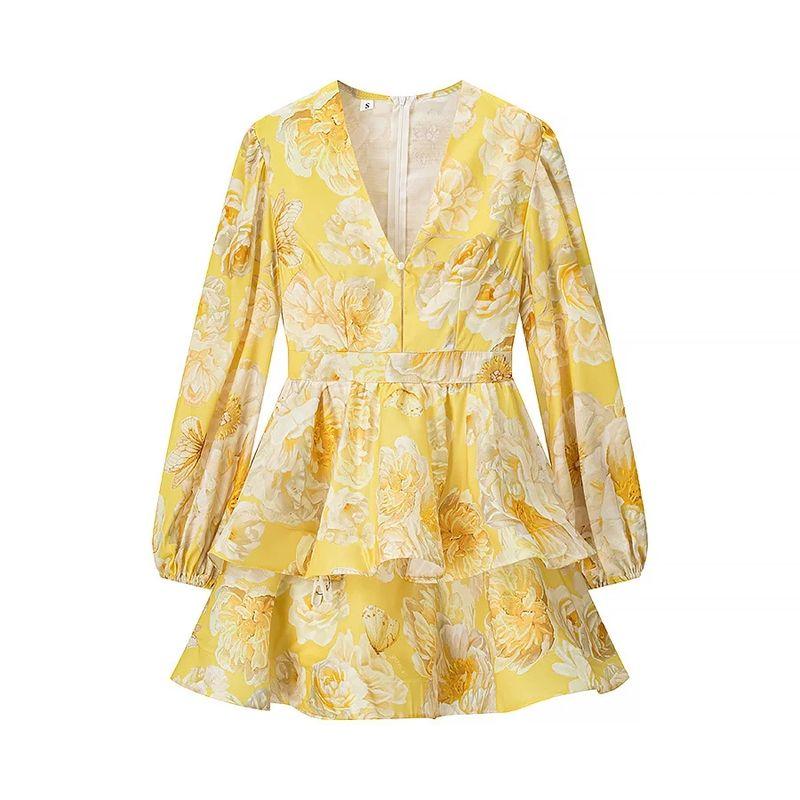 

Huajian Summer French style Retro Romantic Floral V-neck Lantern Sleeve Cake Layered Pettiskirt Dress Guest dresses Yellow L