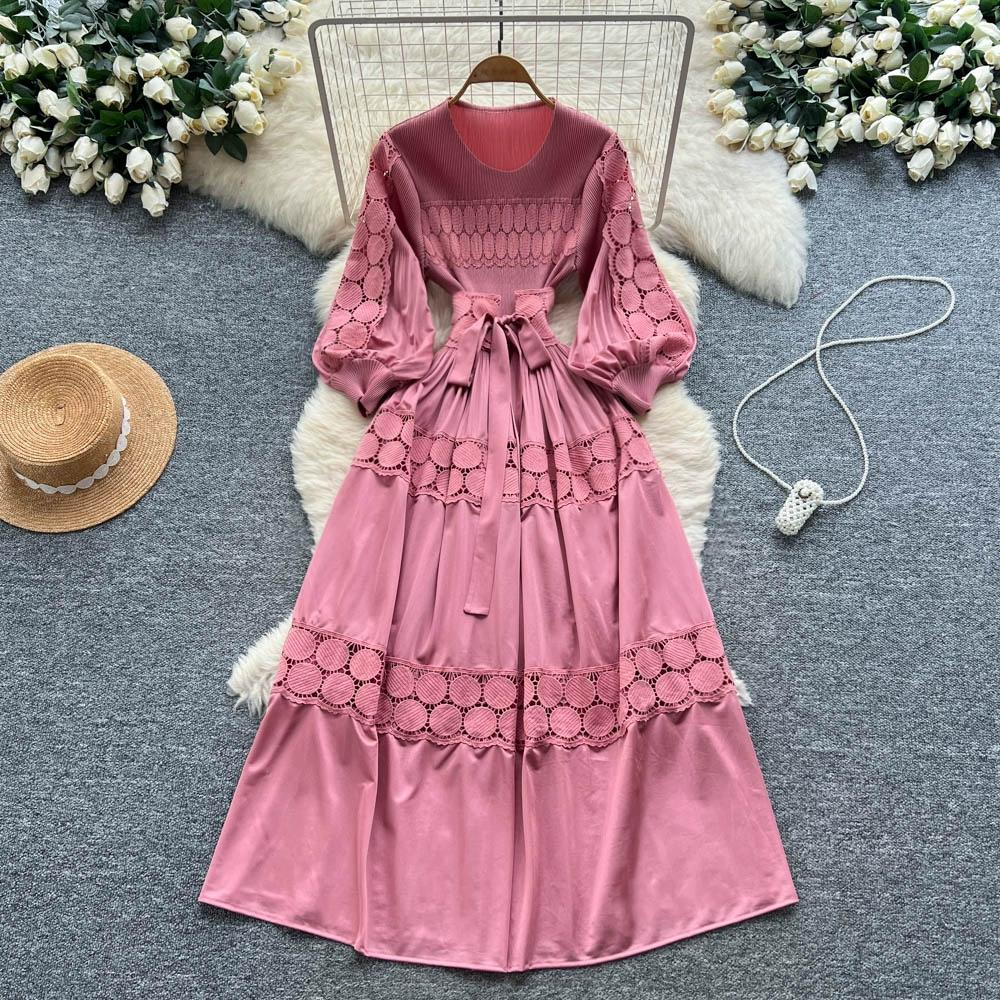 Spring Autumn Women Elegant Lantern Sleeve Lace Patchwork Miyake Robe Oversized Loose Long Maxi Holiday Party Dresses