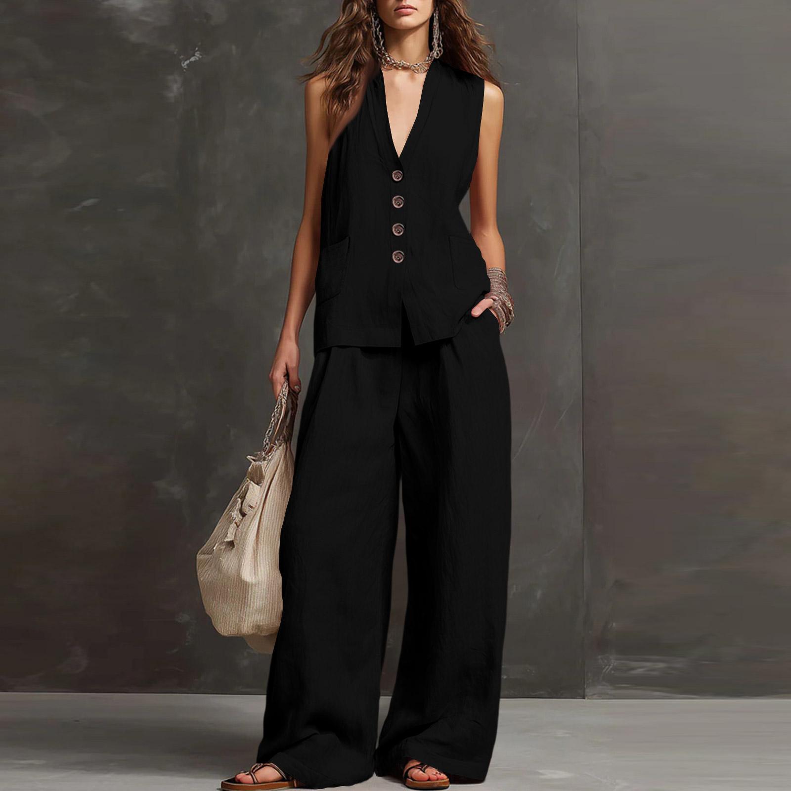 

Fashionable And Sexy Women s Spring And Summer Retro Elastic Waist Strap Linen Suit Women s Fashion Color Casual Two-piece Set XS чёрный
