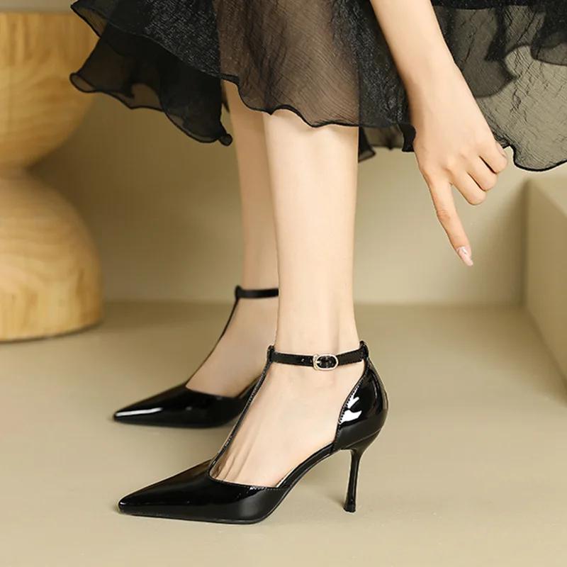 Red High Heels Women Shoes Hollow Pointed Toe Pumps Fashion T-type Ankle Buckle Strap Ladies  New Sexy Party Dress Shoes