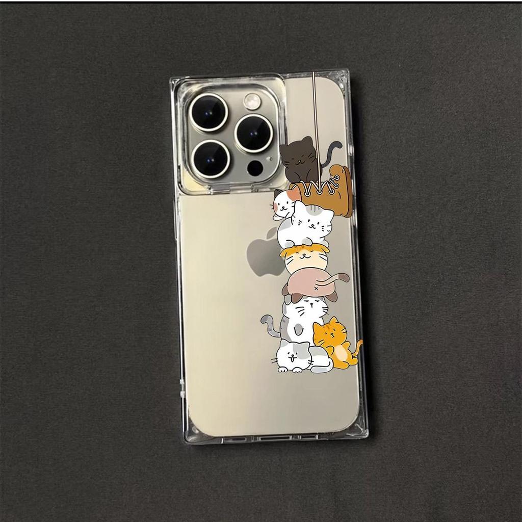 Square Back Tube Protection Clear Case For iPhone 11 14 Pro Max 13 16 ProMax 12 15 Plus Anti-Oxygen,Stacked Cat Pattern Casing