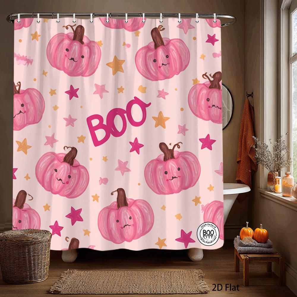 1Pc Pink Pumpkin And Boo Star Pattern Shower Curtain, Polyester Fabric, Machine Washable, Suitable For Bathroom Decor.