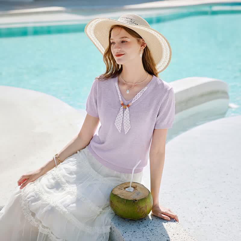 Women's Polka Dot V-Neck Knitted Short Sleeve Top