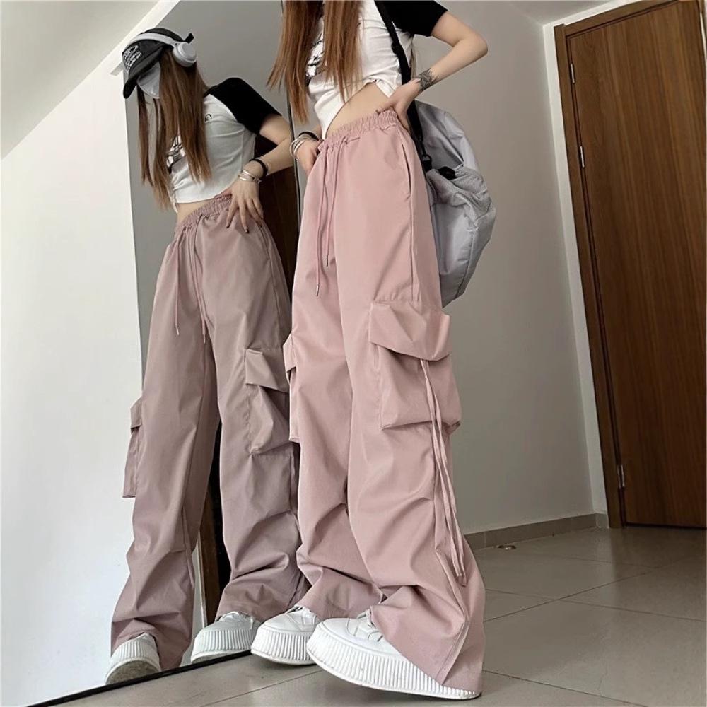 

High-Waisted American Pink Wide-Leg Workwear Pants - Summer Thin, Sporty Casual Drape Fit 4XL