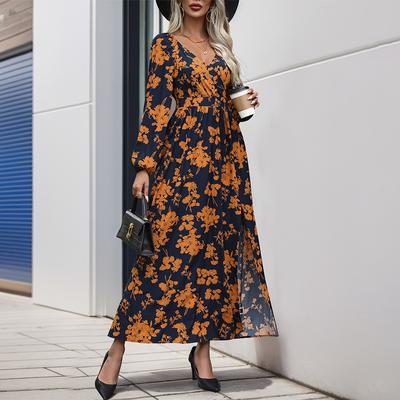 Spring Autumn Women's Long Sleeve V Neck Printed Dress