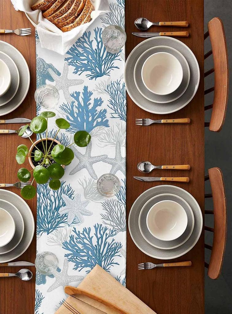 Summer Beach Coral Starfish Linen Table Runner Dresser Scarves Decor Reusable Kitchen Dining Table Runner Holiday Party Decor