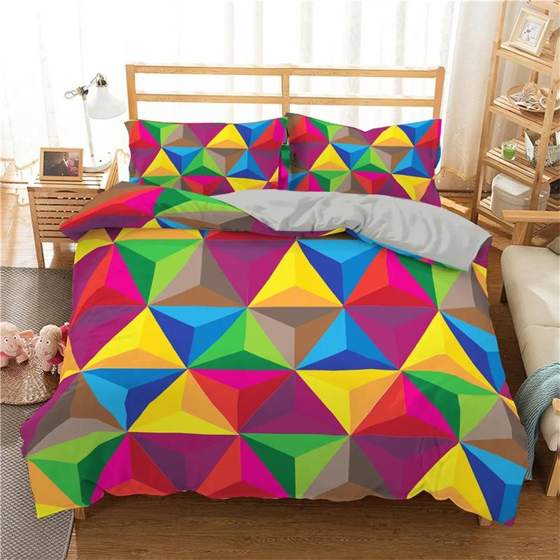 Colorful Toy King Queen Duvet Cover 3D Building Block Pattern Bedding Collection Fun Brick Quilt Cover Gradient Rainbow Comforter Cover