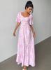 New Long Dress, Summer Idyllic Fashion Elegant Printed Long Square Neck Bubble Sleeve Dress