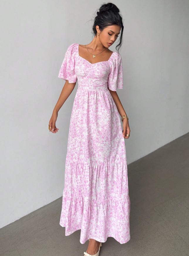 New Long Dress, Summer Idyllic Fashion Elegant Printed Long Square Neck Bubble Sleeve Dress