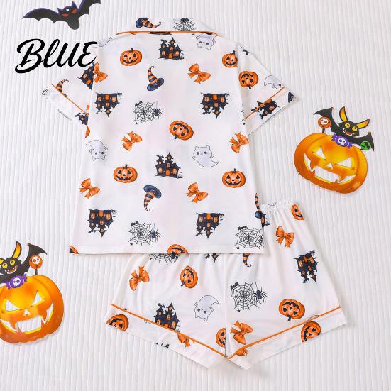 Ghost And Pumpkin Print Pajamas Women's Short Sleeve Pajama Set Two Piece Button Down Stylish Top Shorts Pjs Lounge Halloween Sleepwear Outfits