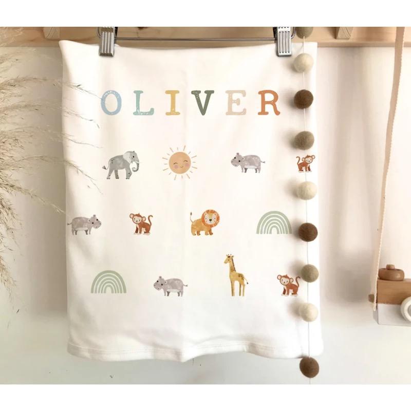 

Personalized Safari Baby Blanket: Cotton Nursery Decor 30x40in