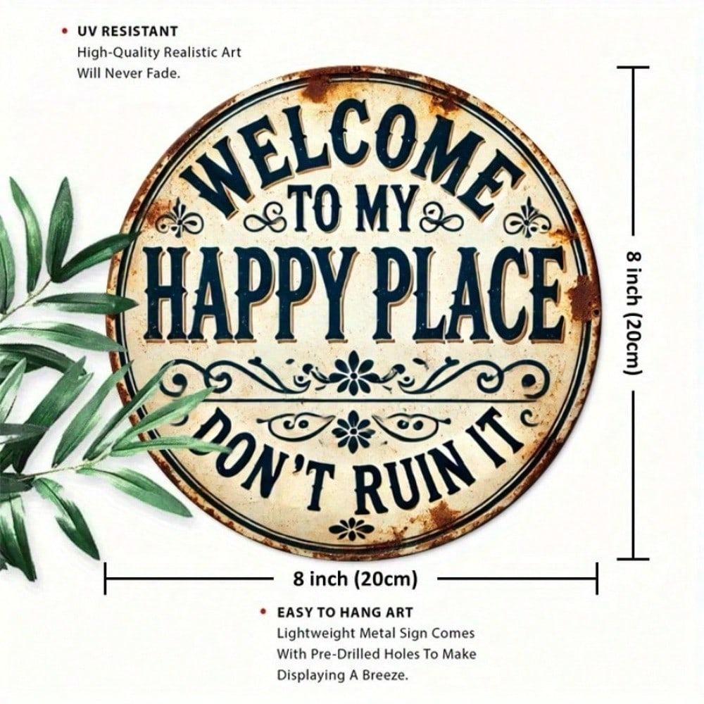 Vintage Style Happy Place Round Metal Sign Wall Art Home Decor Gift