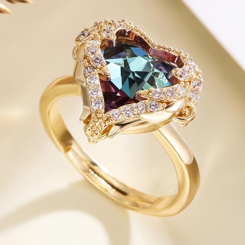 European and American Classic Light Luxury Retro Color Ocean Heart Open Ring Women's Trendy Ring Jewelry