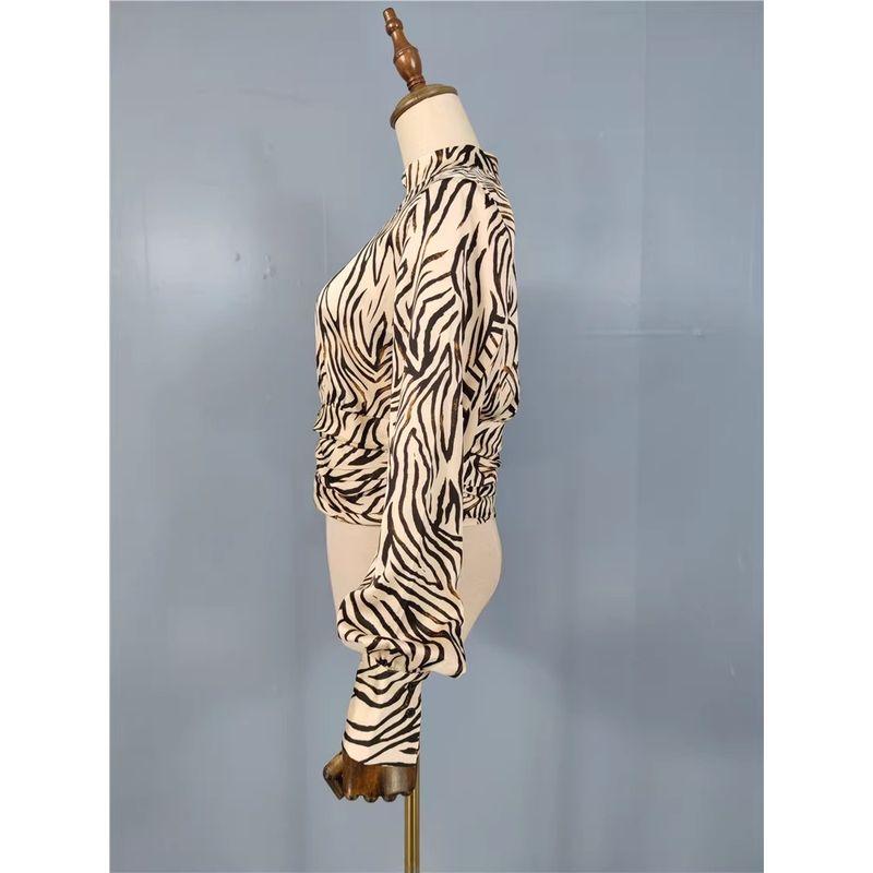 Foreign Trade Order RZ Temperament Fashion Summer New Smooth Satin Stand Collar Design Zebra Leopard Print Lantern Sleeve Shirts