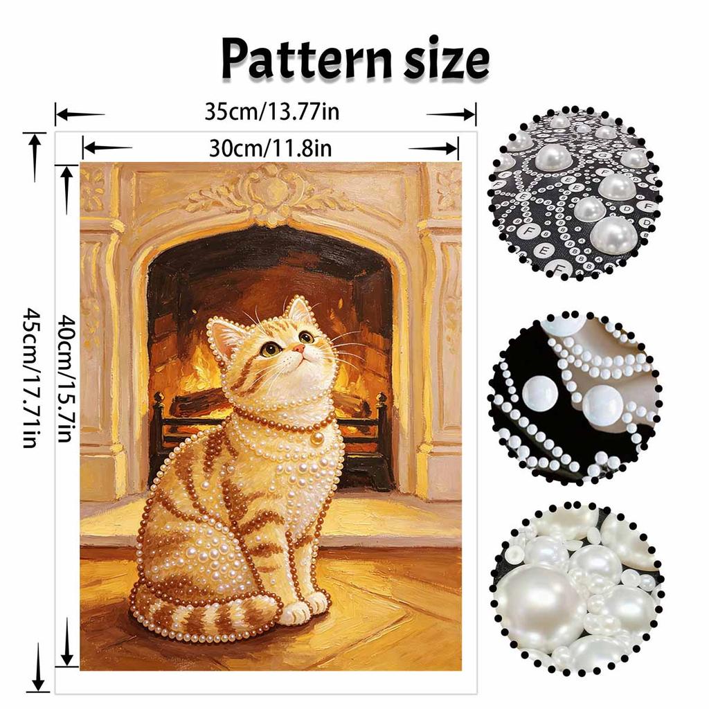 5D Pearl Kit Pearl Cat Cozy Fireplace Design DIY Enamel Art for Living Room Bedroom Wall Decoration Handmade Gift