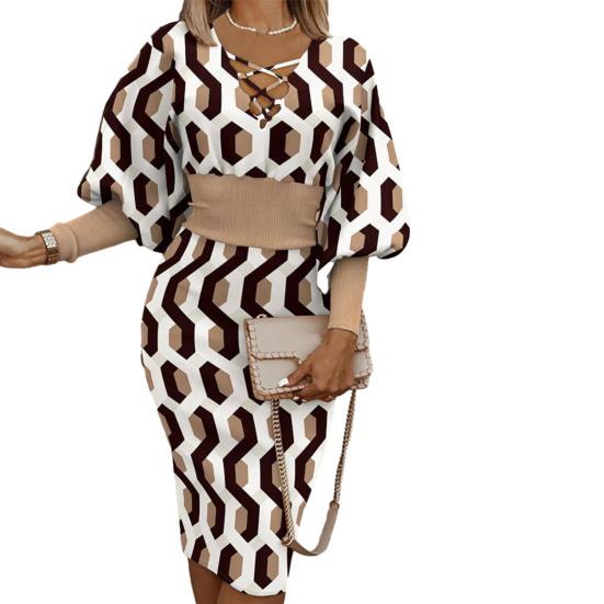 Women Party Prom Dress Hollow Out Long Lantern Sleeve Colorful Print V Neck Tight High Waist Knee Length Elegant Formal Dress