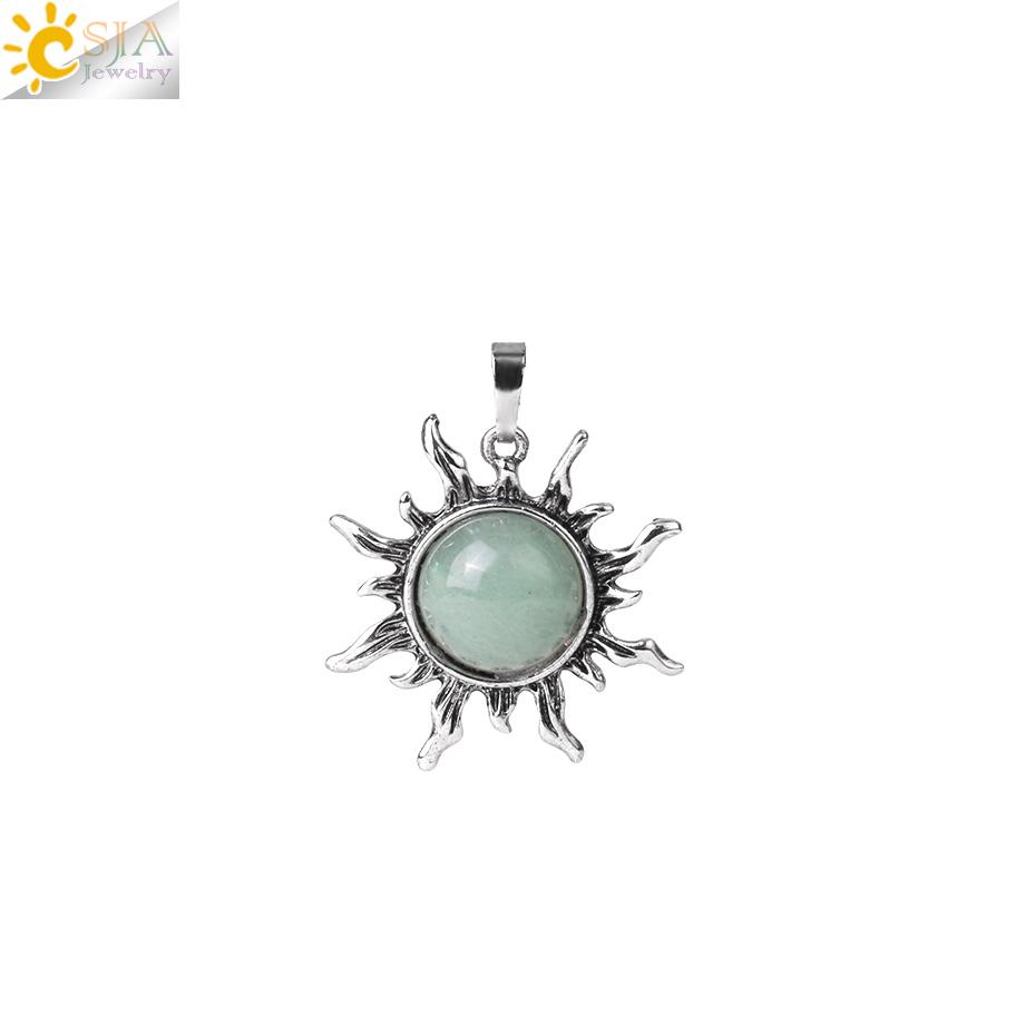 CSJA Vintage Sun Flower Pendant Natural Stone Crystal Necklace Genuine Round Amethysts Pink Quartz Obsidian Lapis Lazuli H120