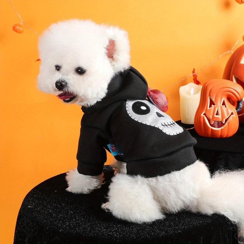 Pet Clothes Dog Cat Silver Skull Halloween Sweater Black Thickened Funny White Skull Embroidered Button Hooded Jacket