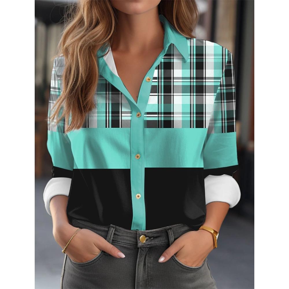 Fashion Multicolour Geometric Splicing Pattern 3D Print Women's Long Sleeves Shirt Autumn Women's Holiday Shirt Women's Clothing