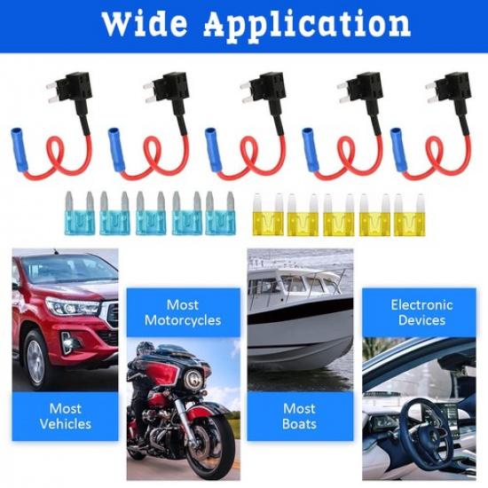 15PCS Fuse TAP Adapter Kit 12V 15A 20A Car Add-a-circuit Standard ATM APM Blade
