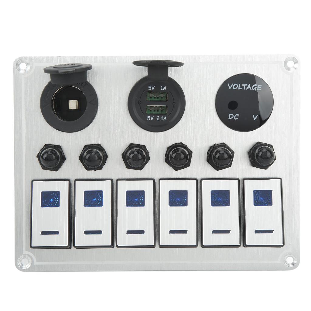 6 Gang On Off Rocker Switch Panel Waterproof Toggle Switch Panel with 2 Blue LED for Car RV UTV