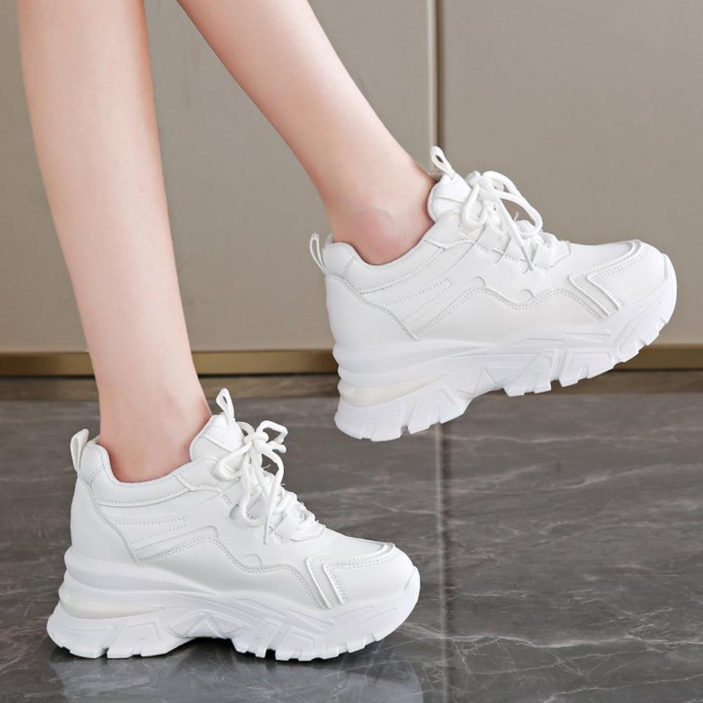 White Platform Women's Sneakers  Autumn Lace-Up Thick Bottom Sports Shoes Woman Pu Leather Breathable Walking Shoes Female