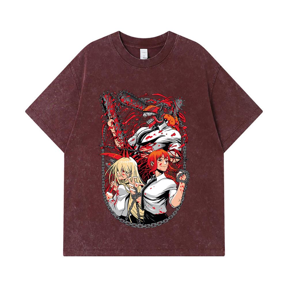275 GSM Washed T-shirts 100% Cotton Chainsaw Man V20 Print Unisex Heavy Cotton T Shirt