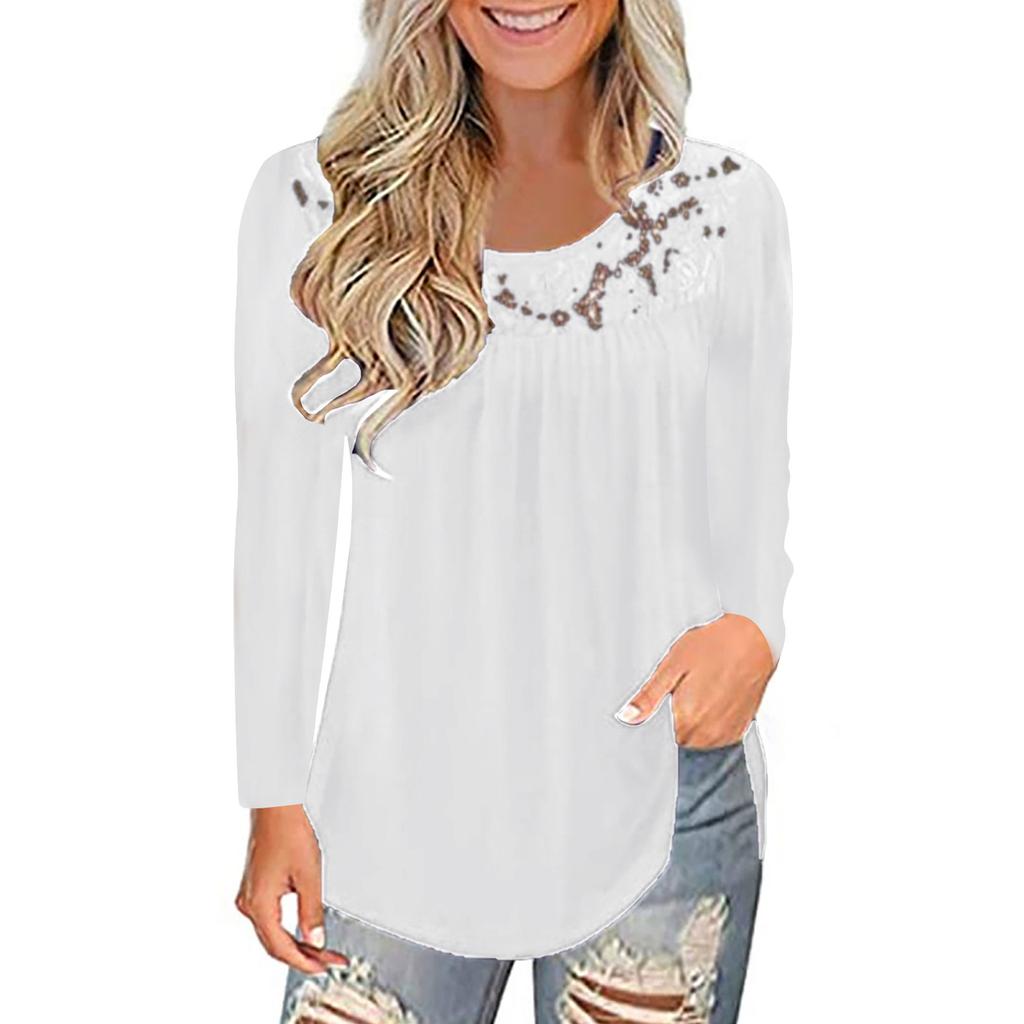 Women Fashion Lace Solid Splicing O-Neck Long Sleeve T-Shirt Blouse Tops