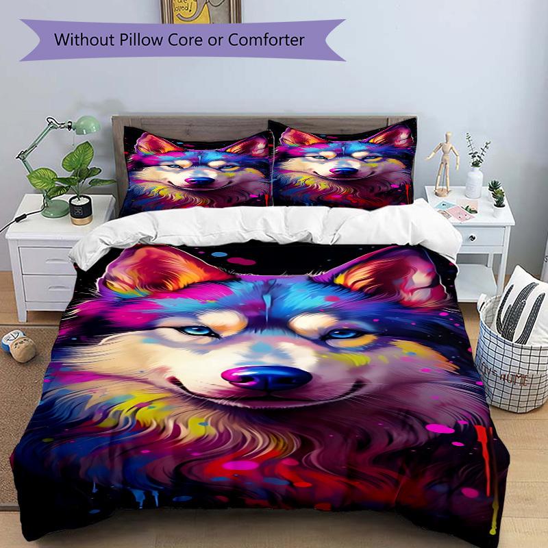 3pcs Colorful Wolf Art Duvet Cover Set -Includes 1 Duvet Cover and 2 Pillowcases, No Quilt Core, All-Season Home Decor  yy251111166
