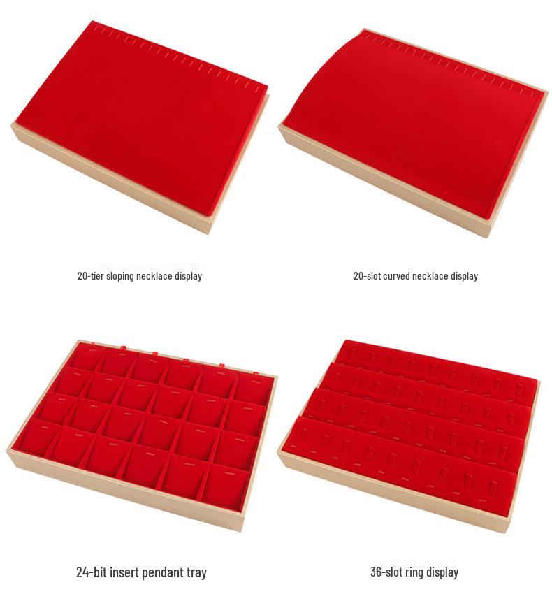 Red Velvet Jewelry Display Set: Necklace, Earrings, Ring, and Pendant Tray