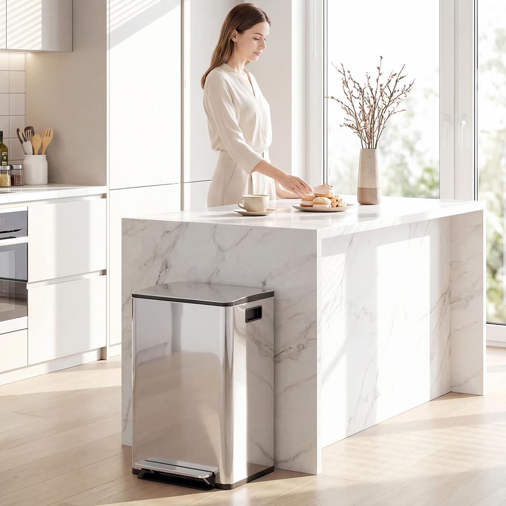 40L Dual Compartment Stainless Steel Bin, with Deodoriser Holders - Silver Tone