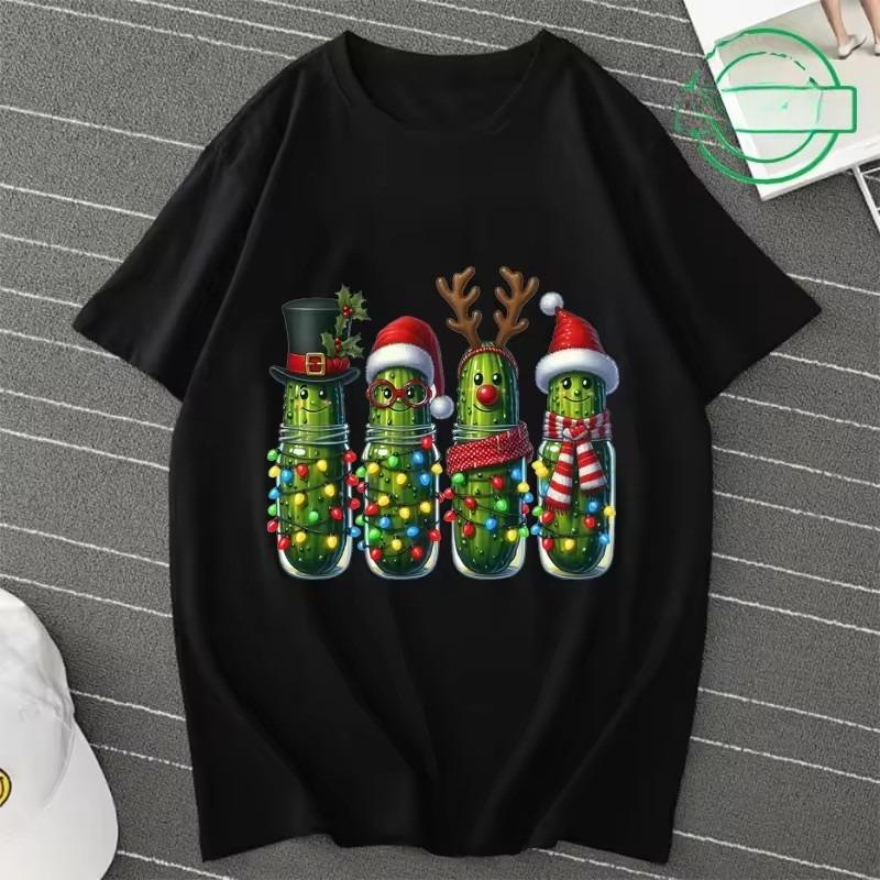 

Christmas Pickles Printed Female Cotton T-Shirt Short Sleeve T Shirt Christmas Season Tshirt Tee Women Graphic Tee Clothes Xmas Gift 4XL чёрный
