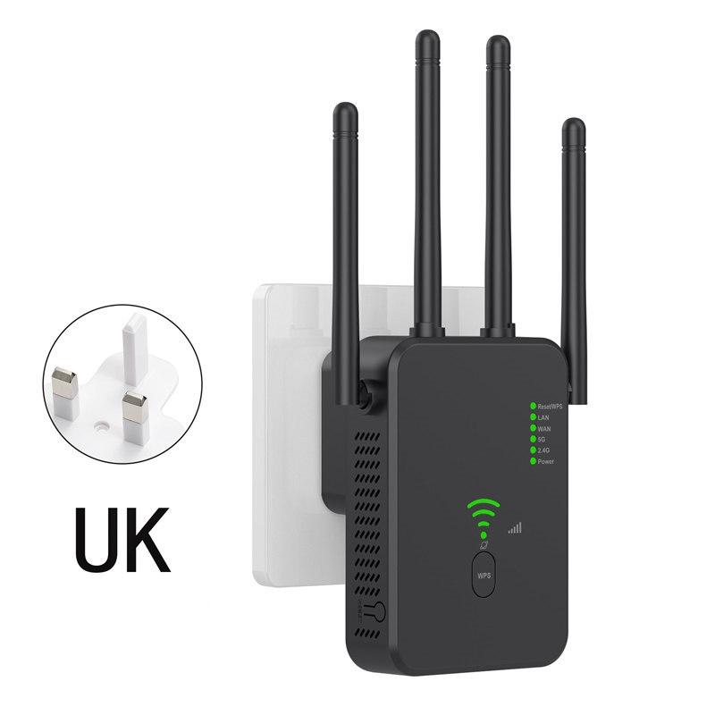 

1200 Мбіт/с Бездротовий ретранслятор WiFi Підсилювач сигналу Wi-Fi Дводіапазонний 2.4G 5G WiFi Extender 802.11ac Gigabit WiFi Підсилювач WPS Маршрутизатор UK Plug чорний
