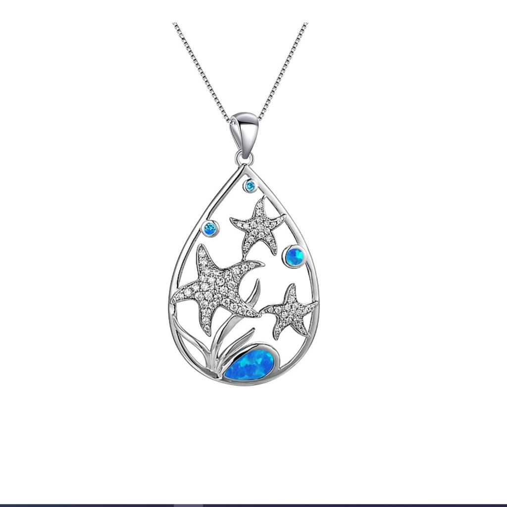 Necklace with Sweater Chain Design: Opal Blue Starfish Pendant for Women