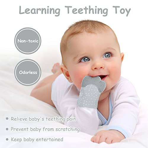 Baby Teething Mittens 2 Pack, Silicone Teething Gloves Toys for Infants 0-6 Months, Soothe Sore Gums, BPA Free, Gray Dots