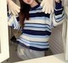 Large size loose contrasting color striped crew neck sweater women's autumn and winter Korean wear retro lazy style knitted sweater top women