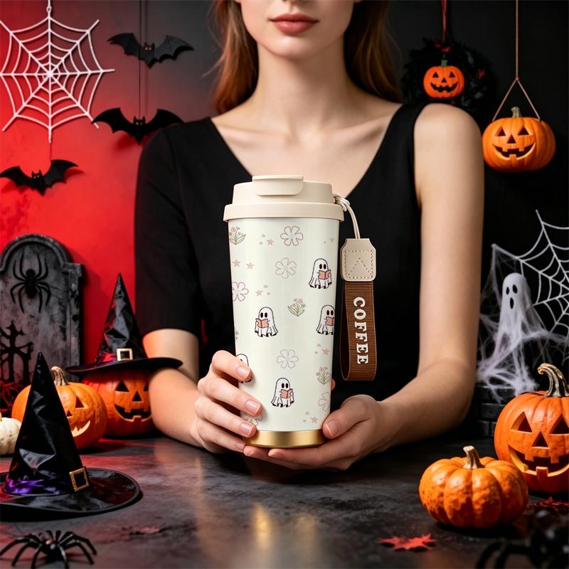532ml Coffee Cup Halloween Reading Ghost Floral MotifHoliday Creative Cup Flip Lid Coffee Cup Metal Travel Mug 532ml Coffee Cup