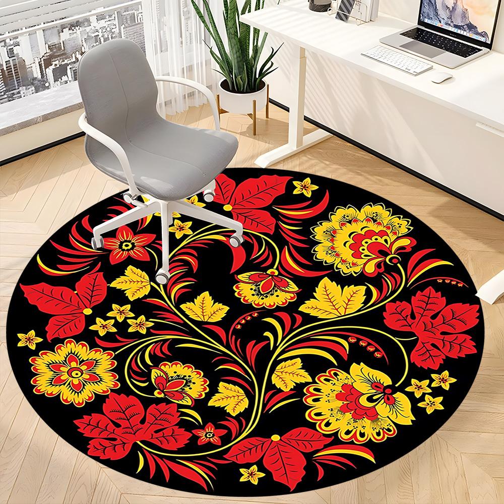 1pc Red Yellow Floral Pattern Carpet, Round Non Slip Durable Large Size Office Carpet, Suitable for Office