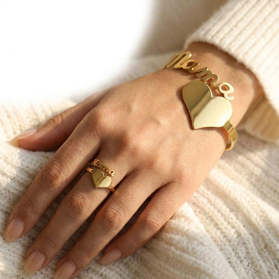 2 Pcs Gold Color Mama Letter Bracelet Ring Set For Women Love Heart Adjustable Bangle Finger Ring Mother's Day Mom Jewelry Gifts