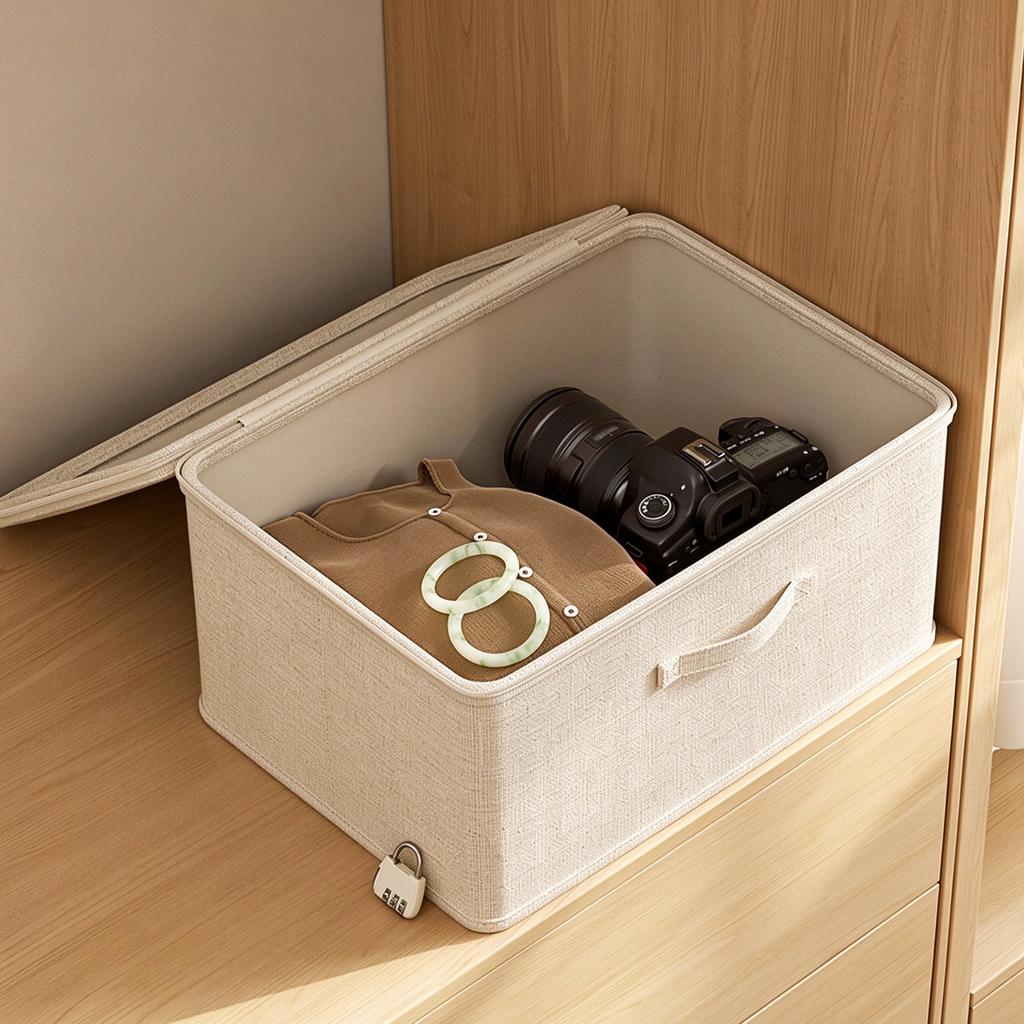 Lidded Clothes Storage Box, Linen Cotton Extra Large Capacity Household Folding Large Wardrobe Clothing Lockable Organizer Box