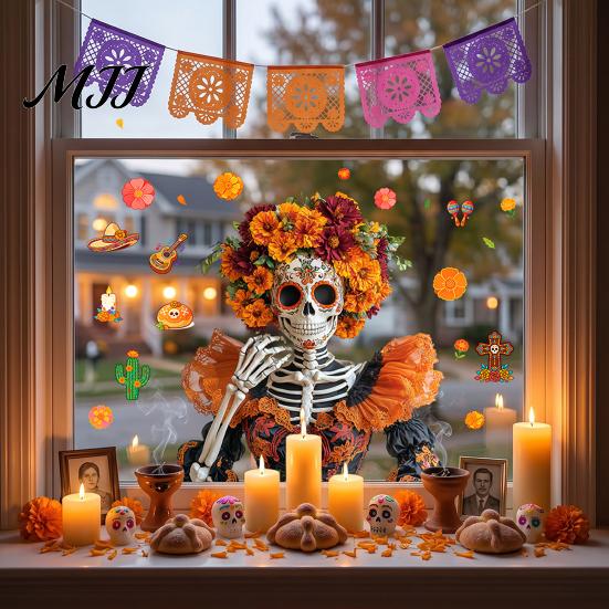 Celebration Accessories Day of The Dead Window Clings, Halloween Double-Sided Skull Sticker, Decals Colorful Flower Skeleton Static for Mexican House
