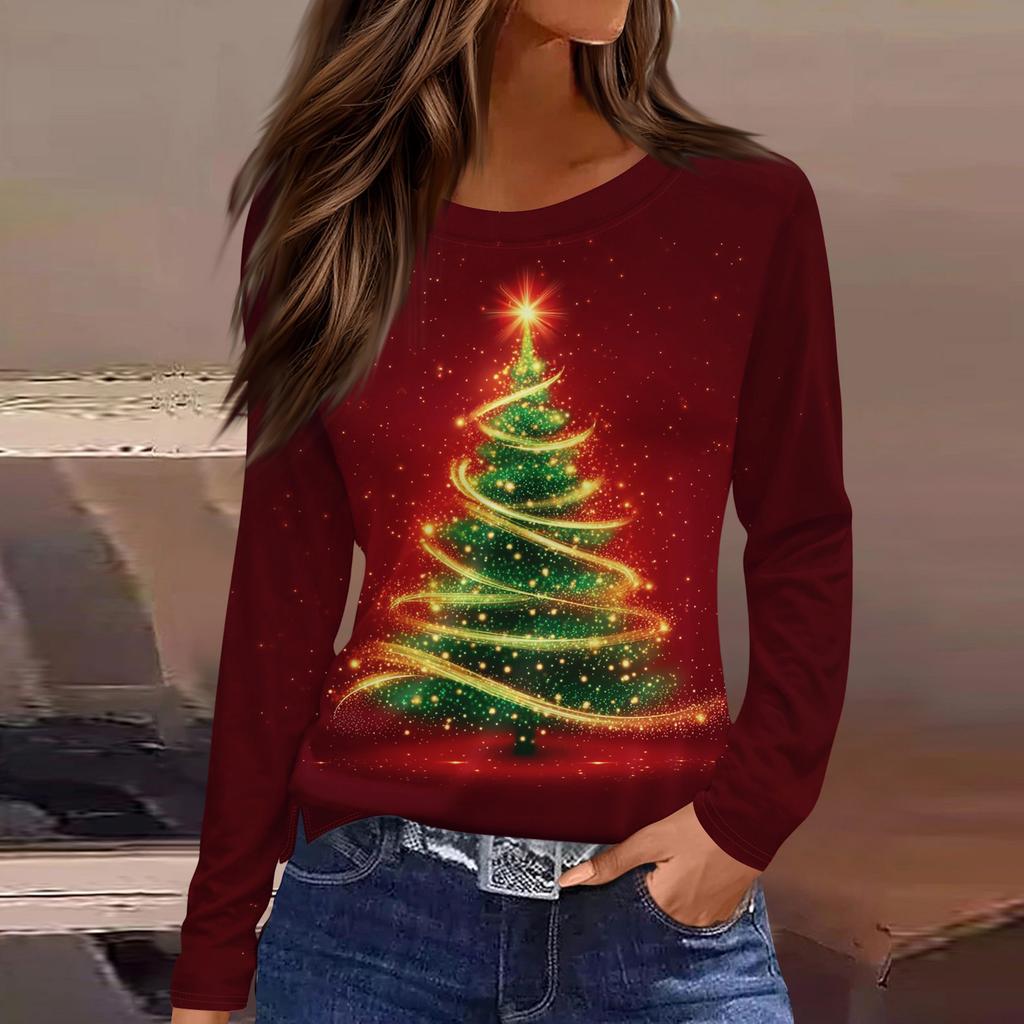 Women's Fashion Casual Slit Hem Round Neck Long Sleeve Loose Christmas Printed T-Shirt Ladies Top