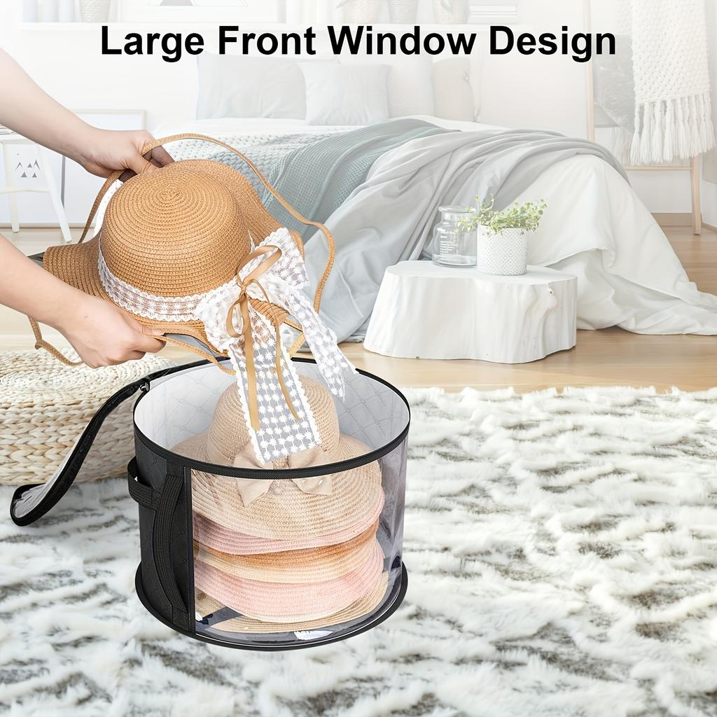 [Hållbar | Vikbar] Vikbar Transparent Förvaringslåda för Hattar med Svarta Rosett-detaljer | Hållbar och Rund Behållare med Dragkedja och Handtag
